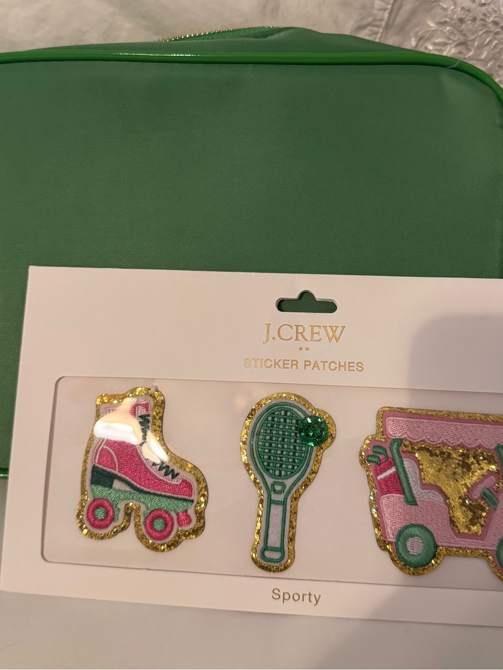 J.Crew Kelly Green Padded Make Up Bag and Sporty Sticker Patch Set